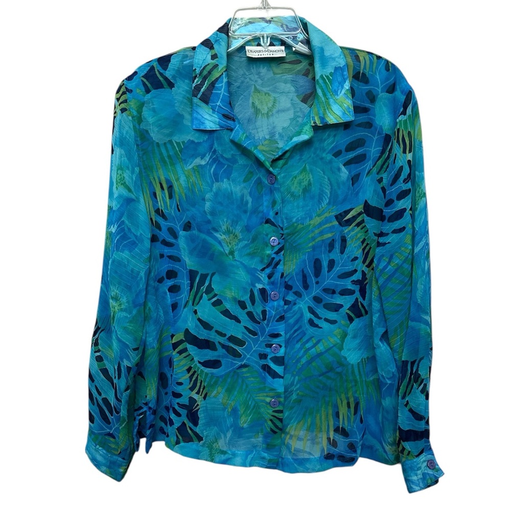 Draper’s & Damon’s Tropical Blue and Green Sheer Petite Blouse Long Sleeve PXL
